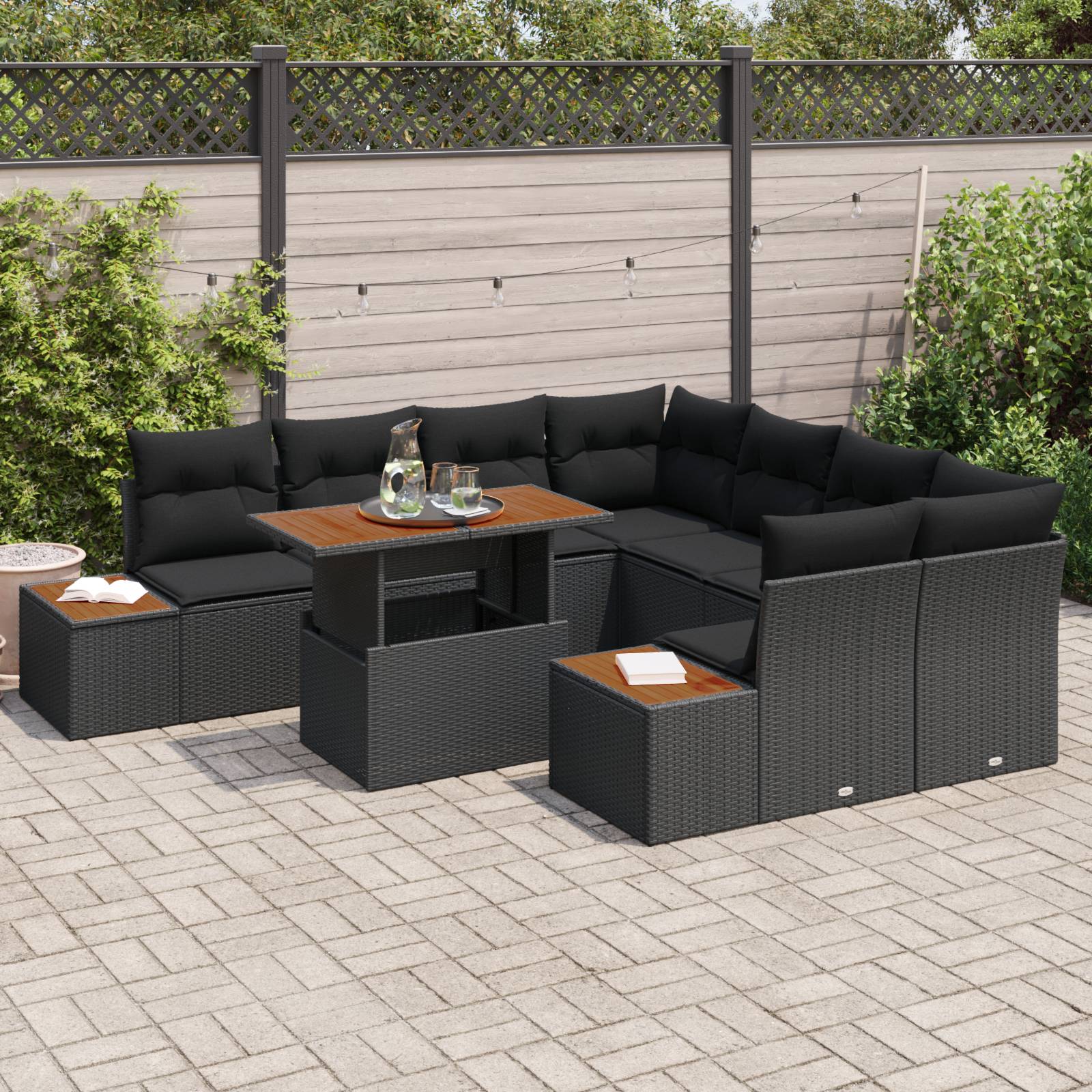 vidaXL 9-teiliges Garten Sofa Set mit Kissen Schwarz Poly Rattan