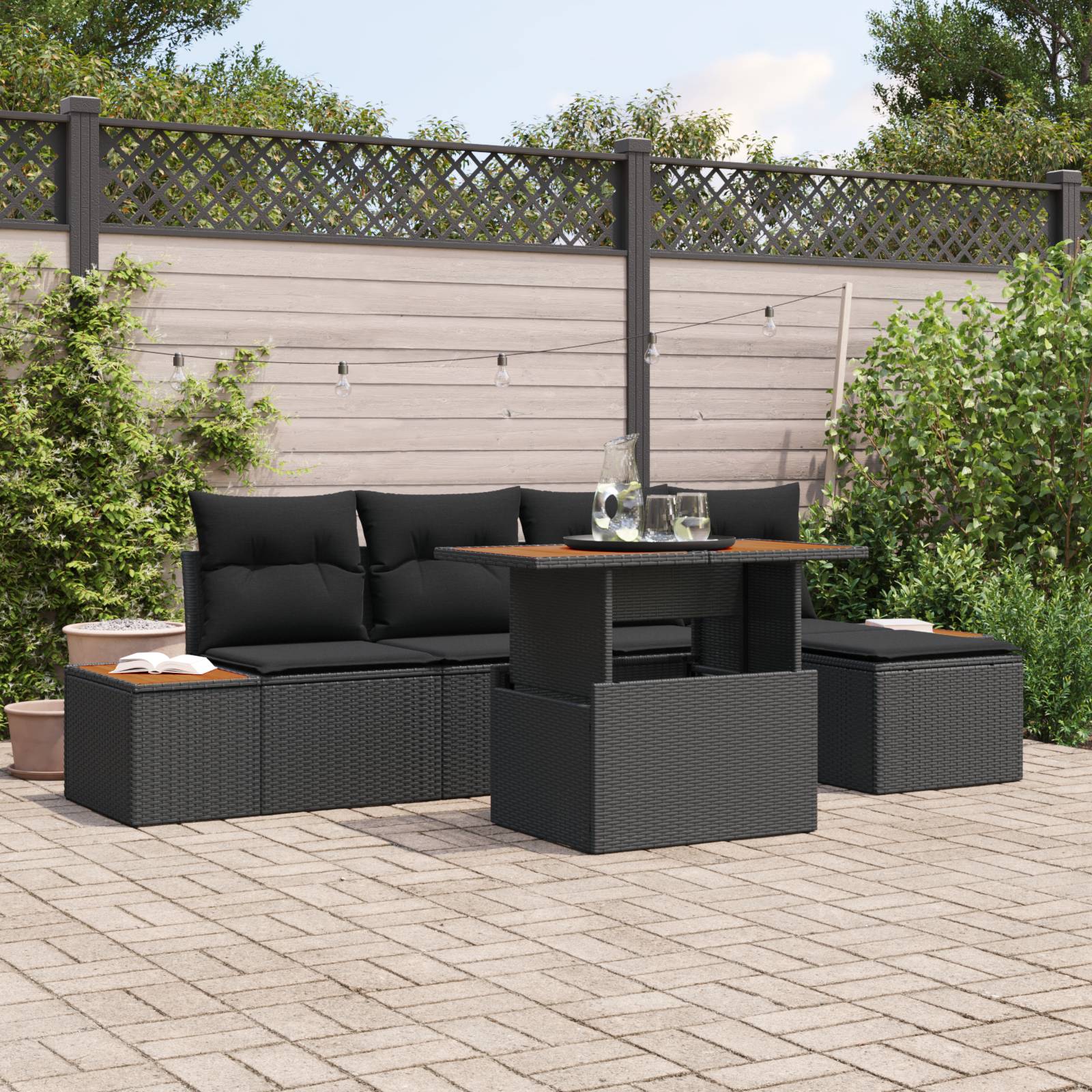 vidaXL 6-teiliges Garten Sofa Set mit Kissen Schwarz Poly Rattan