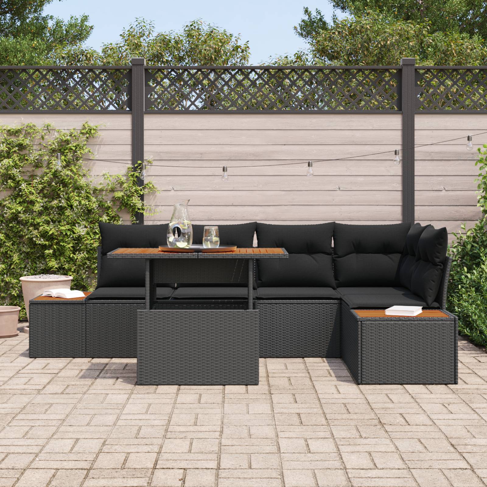 vidaXL 6-teiliges Garten-Esszimmer-Set mit Kissen Schwarz Poly Rattan Akazie