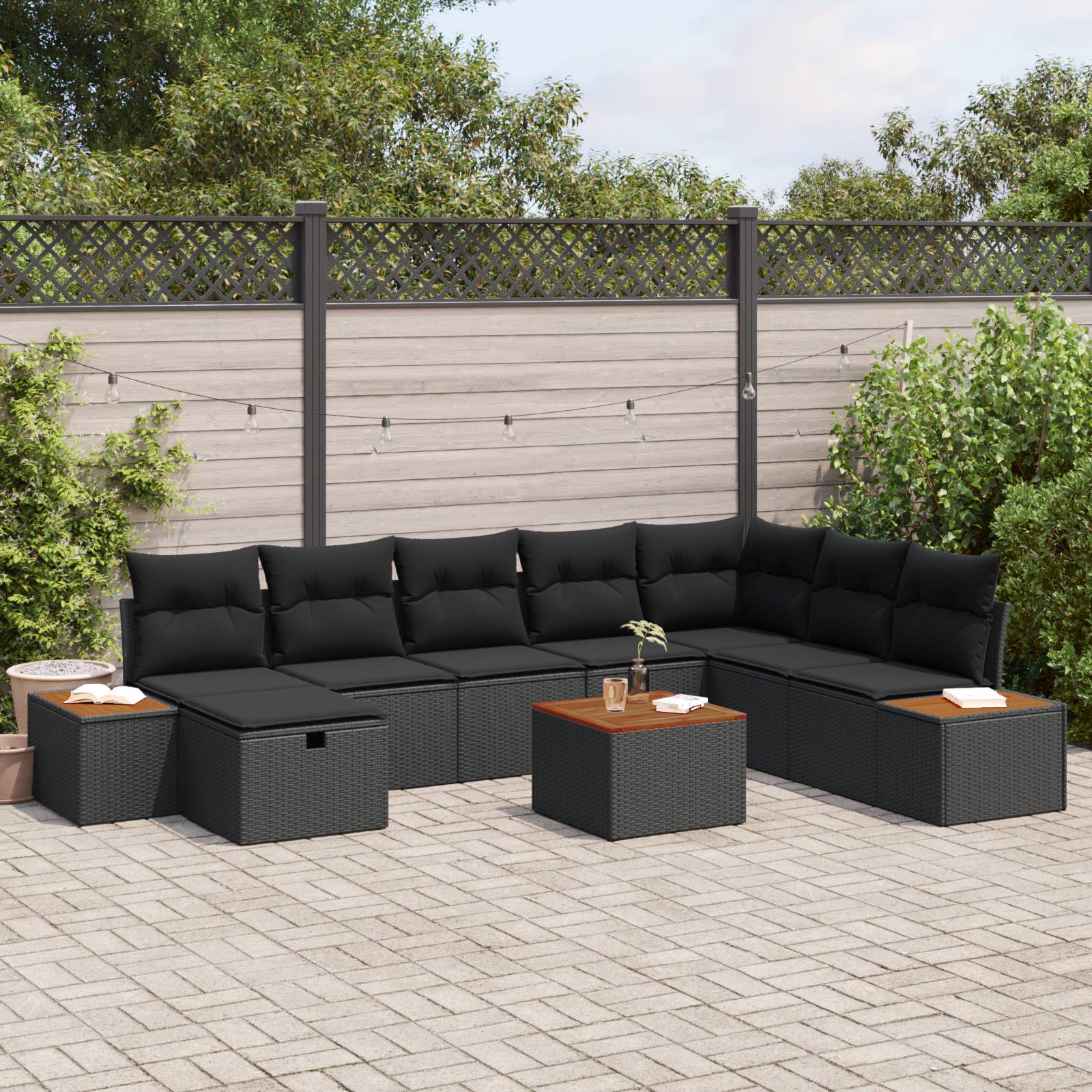 vidaXL 9-teiliges Garten Sofa Set mit Kissen Schwarz Poly Rattan