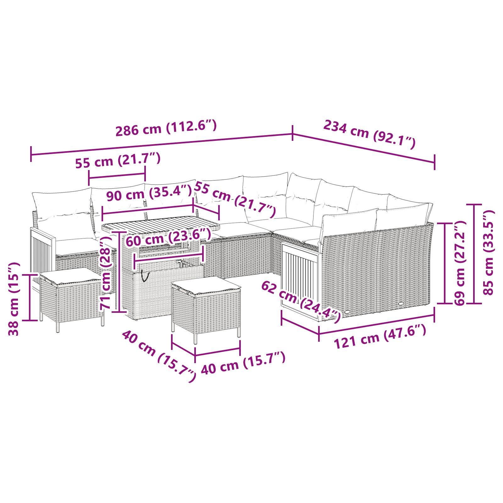 vidaXL 12-teiliges Garten Sofaset mit Kissen Schwarz Poly Rattan Akazie