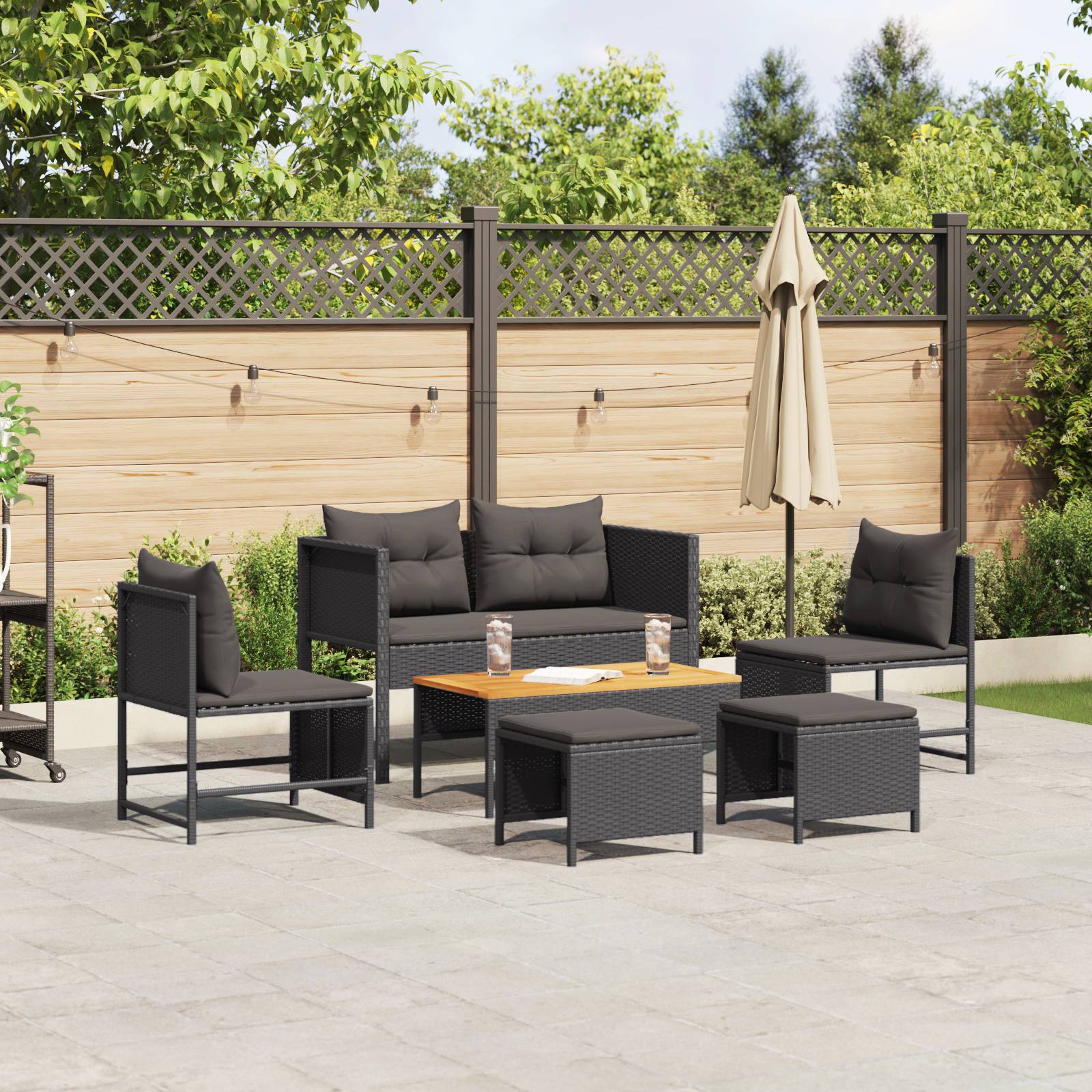 vidaXL Outdoor-Sofa-Set - Schwarz Rattan, Holz Mittel Langlebig