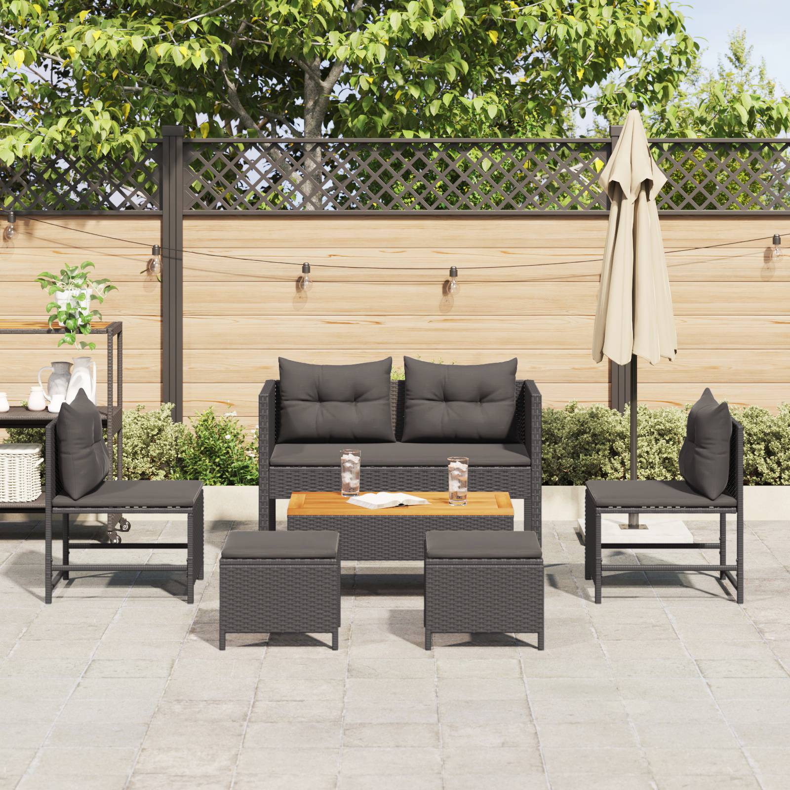 vidaXL Outdoor-Sofa-Set - Schwarz Rattan, Holz Mittel Langlebig