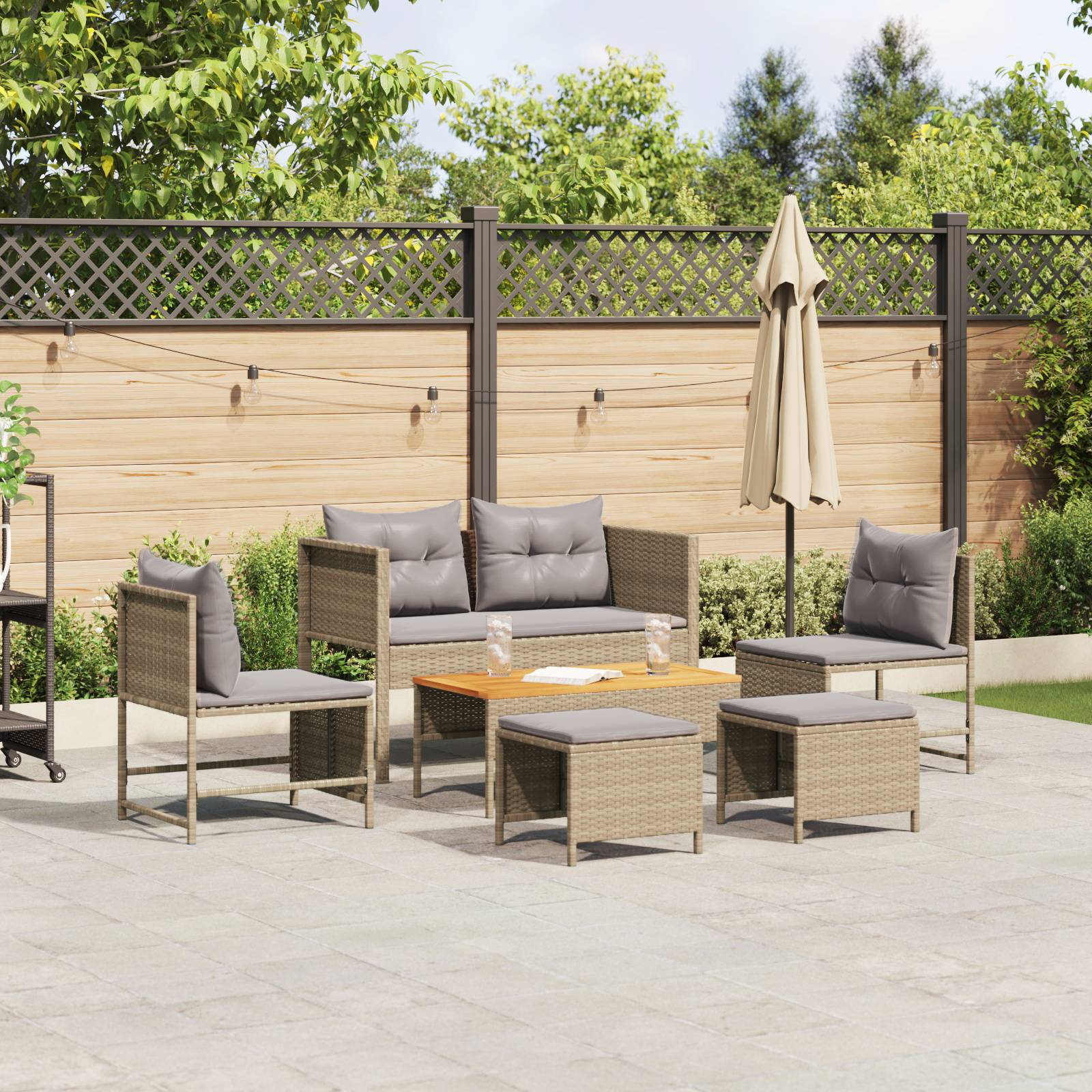 vidaXL Garten-Sofaset Beige und Hellgrau Rattan, Stoff Standard