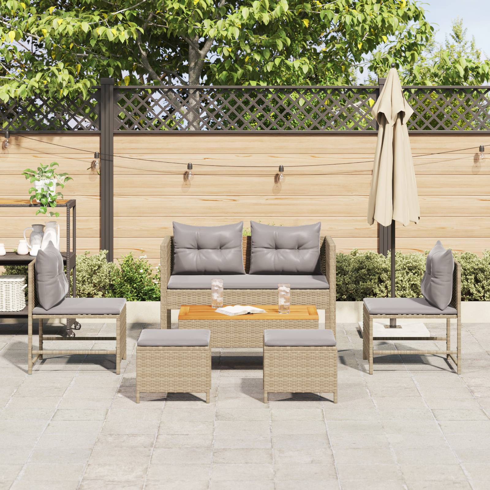 vidaXL Garten-Sofaset Beige und Hellgrau Rattan, Stoff Standard