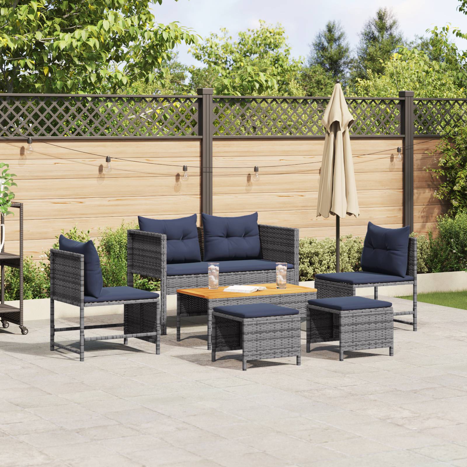 vidaXL Outdoor-Sofa-Set Grau und Marineblau Rattan mit Metallrahmen