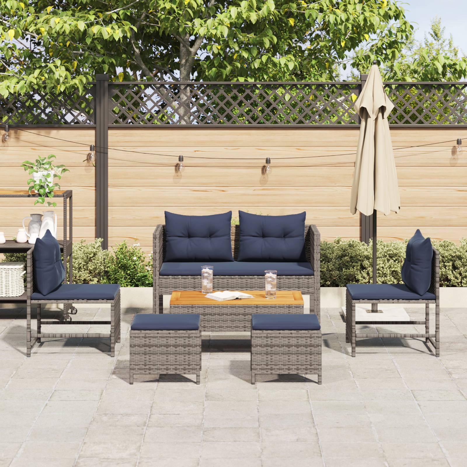 vidaXL Outdoor-Sofa-Set Grau und Marineblau Rattan mit Metallrahmen