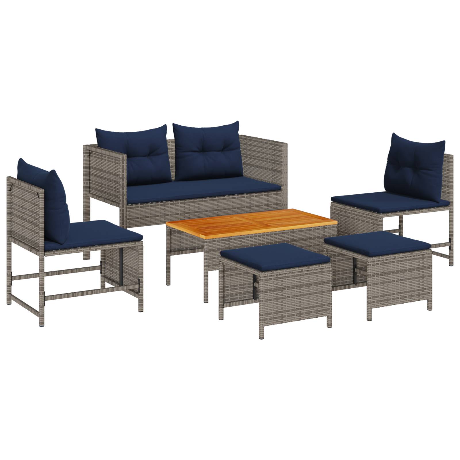 vidaXL Outdoor-Sofa-Set Grau und Marineblau Rattan mit Metallrahmen