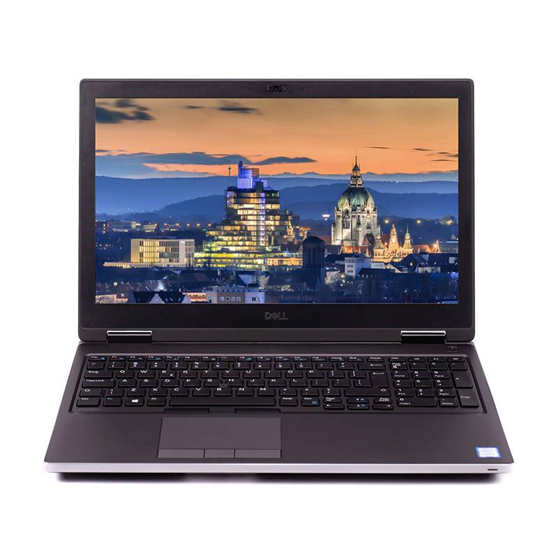 Ein Dell-Laptop zeigt auf seinem Bildschirm eine Stadtskyline bei Sonnenuntergang mit beleuchteten Gebäuden und einem prominenten gewölbten Turm.