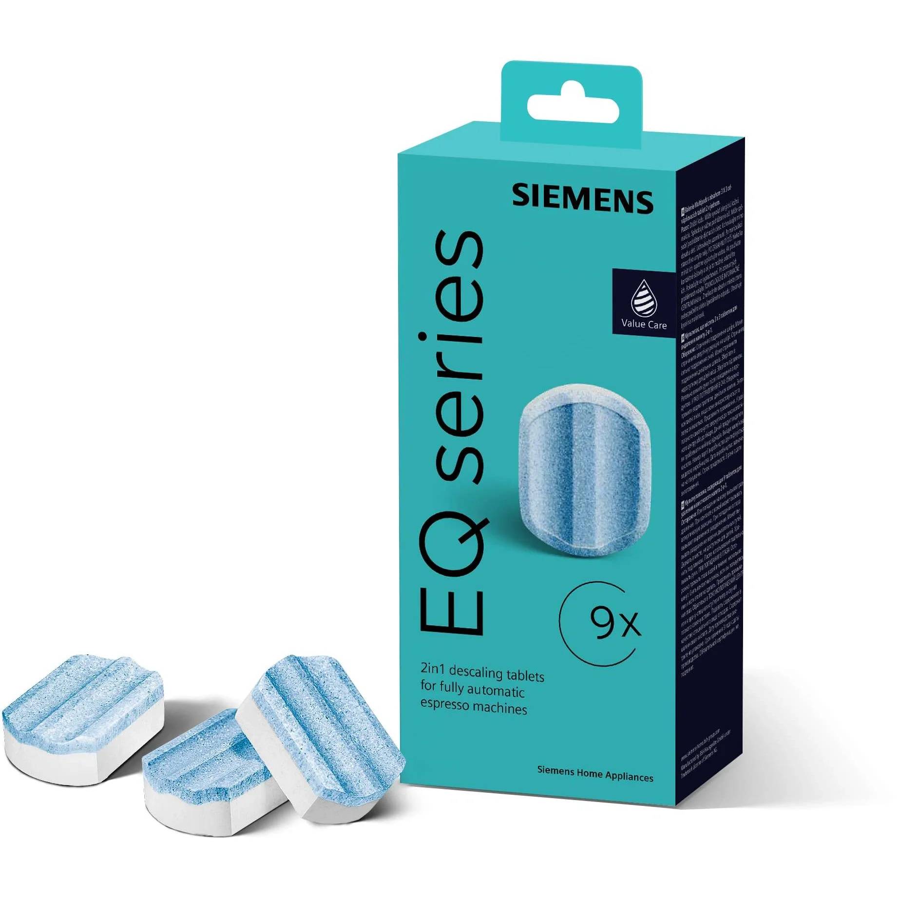Siemens EQ Serie 2-in-1 Entkalkungstabletten-Box mit drei Tabletten, die vorne angezeigt werden, für vollautomatische Espressomaschinen.