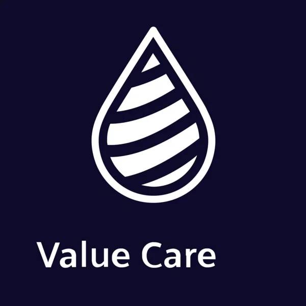 Weißes tropfenförmiges Logo mit gestreiftem Inneren über dem Text „Value Care