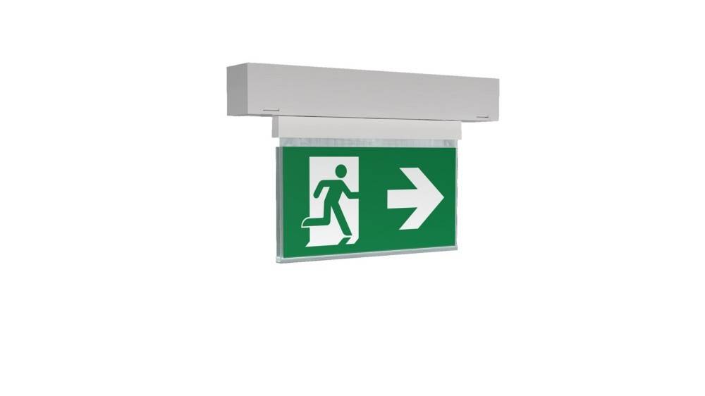 Notausgang-Schild mit einer laufenden Person und einem Pfeil, der nach rechts weist und die Richtung zum nächstgelegenen Ausgang anzeigt.