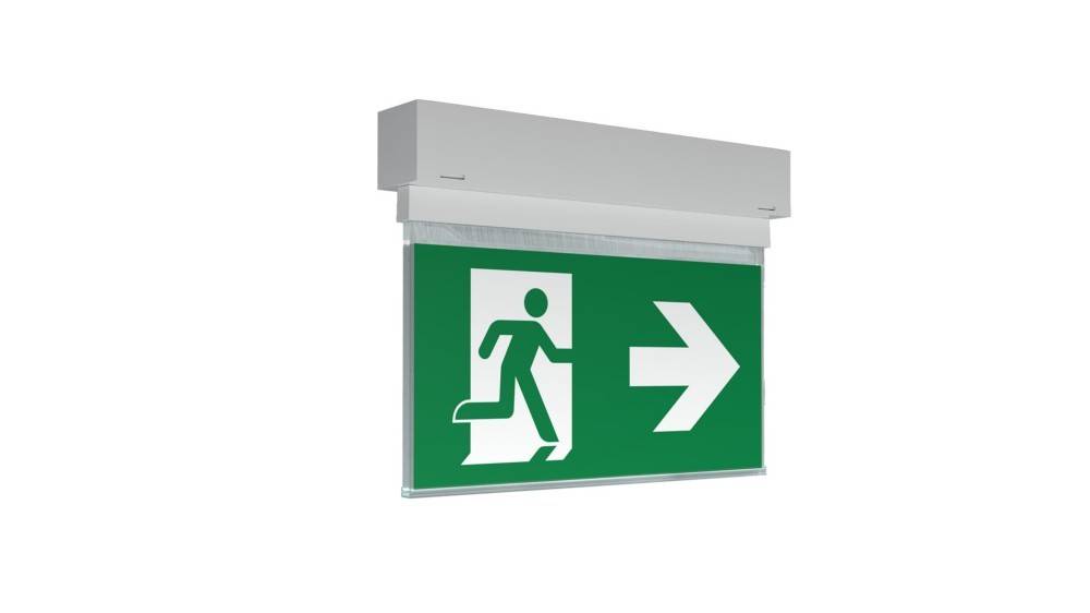 Ein Notausgangsschild mit einer laufenden Figur und einem Pfeil nach rechts zeigt die Richtung zum nächstgelegenen Ausgang an.