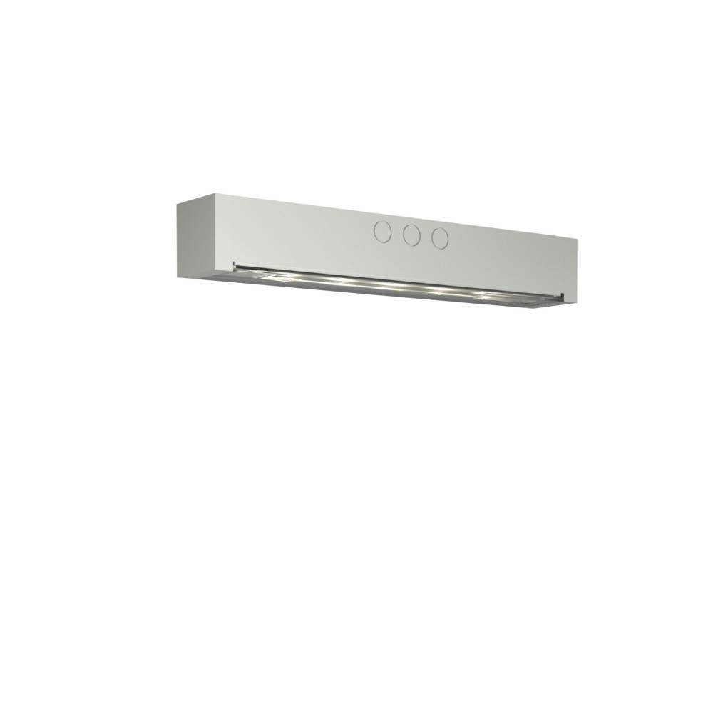 Eine elegante, moderne Dunstabzugshaube aus Edelstahl mit drei Tasten an der Frontseite, ideal für zeitgemäße Küchenumgebungen.