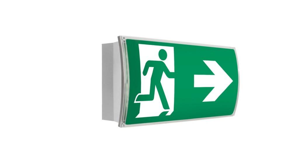 Notausgangsschild mit grünem Hintergrund, das eine laufende Figur und einen nach rechts weisenden Pfeil zeigt und die Richtung zum Ausgang angibt.