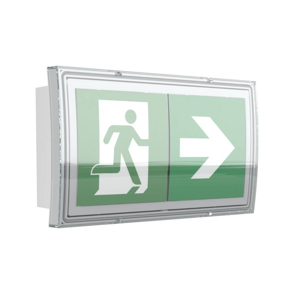 Fluchtwegeschild mit einer laufenden Figur und einem Pfeil nach rechts, der die Richtung zum Notausgang anzeigt.