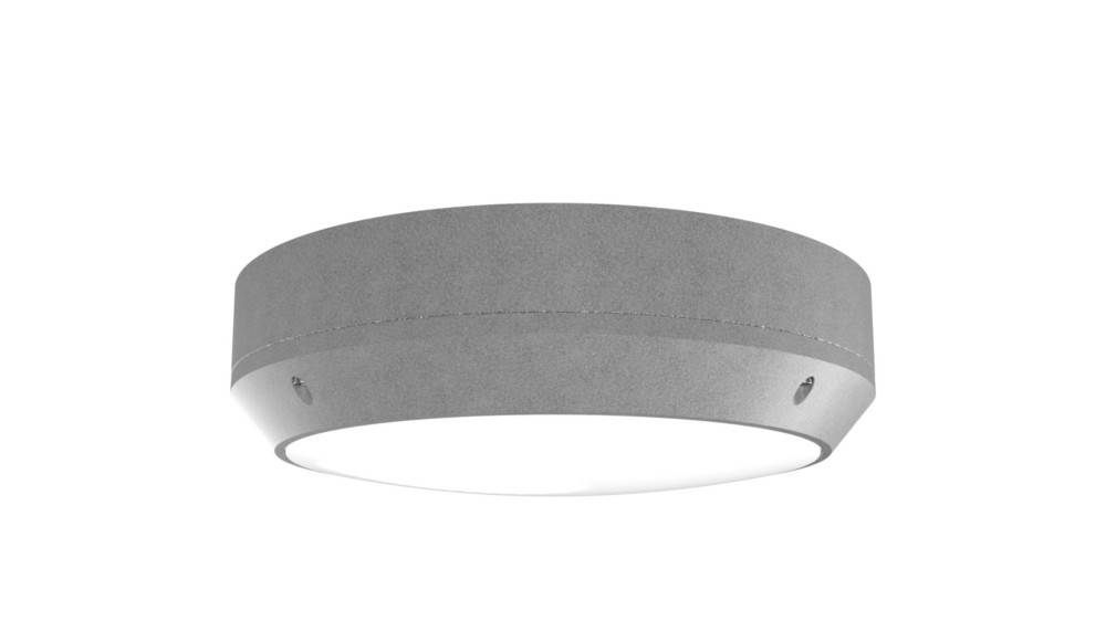 Eine kreisförmige, graue Deckenleuchte mit einem satinierten Glasdiffusor am Boden, befestigt mit zwei Metallschrauben. Modernes und minimalistisches Design.