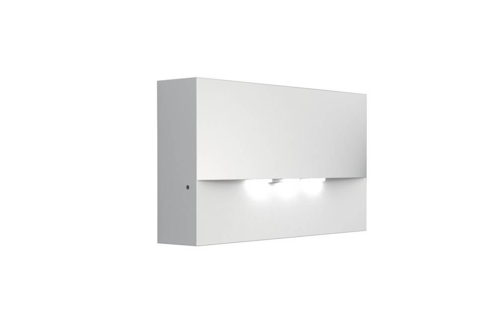 Eine moderne, rechteckige Wandleuchte mit weißem Finish, die helles Licht von unten abstrahlt und für den Innenbereich geeignet ist.