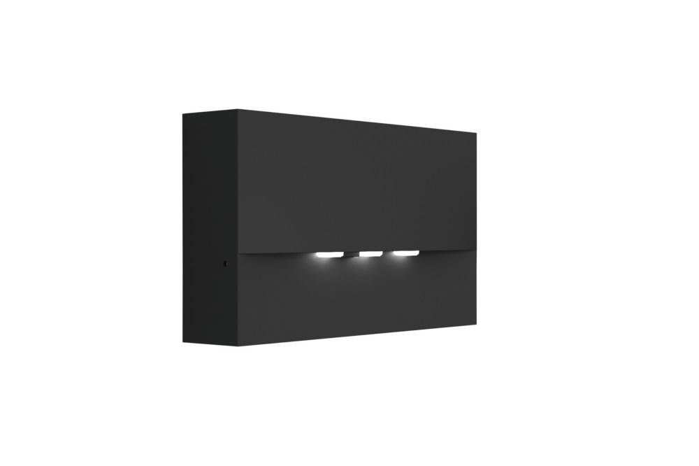 Eine moderne, rechteckige schwarze Wandleuchte mit drei kleinen, nach unten leuchtenden LED-Lampen.