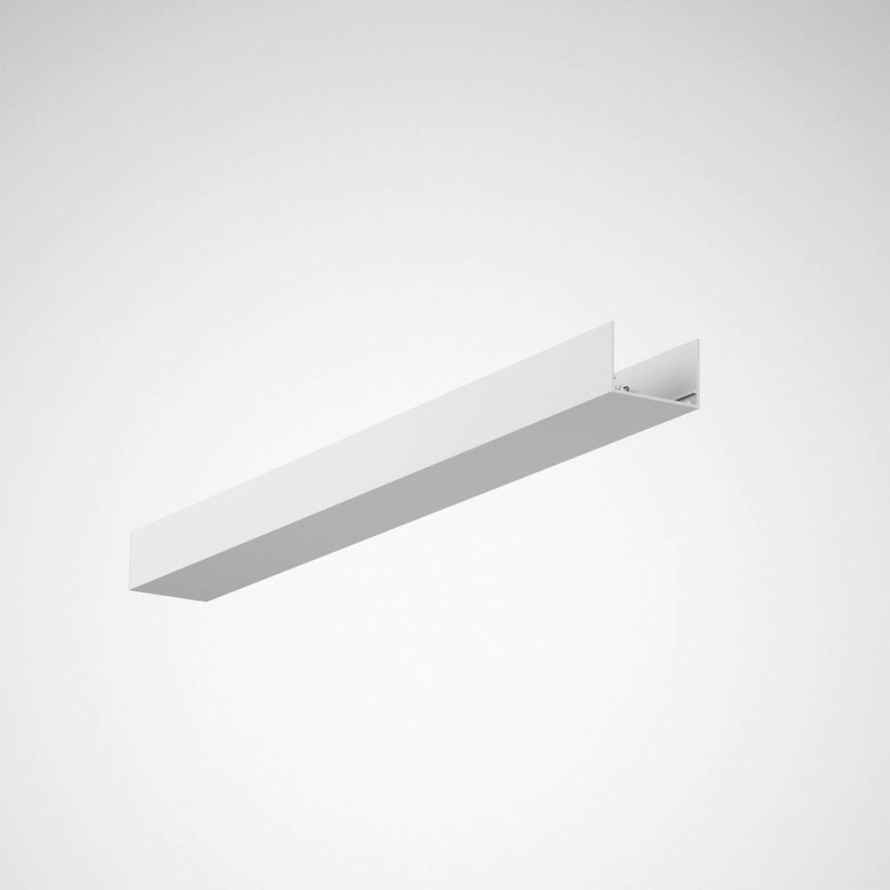 Eine minimalistische weiße rechteckige Leuchte mit elegantem, modernem Design, die vor einem schlichten hellgrauen Hintergrund hängt.