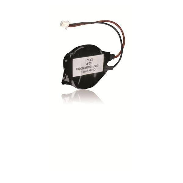Kleiner schwarzer runder Batterieholder mit zwei befestigten Drähten und einem weißen Stecker auf weißem Hintergrund.