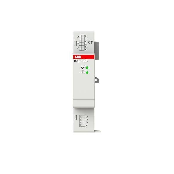 ABB INS-E3-5 modulares elektrisches Gerät mit zwei grünen Status-LEDs und Anschlussklemmen-Beschriftungen auf weißem Hintergrund.
