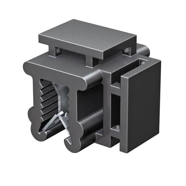 3D-Rendering einer schwarzen Kunststoffkabelklemme/eines Verbinders mit klappbarem Deckel und gezahnten Backen zum Greifen eines Kabels.