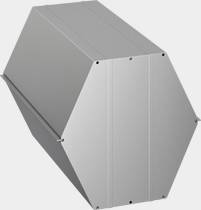 Grauer sechseckiger Metall-Kanal oder Lüftungskappe mit verschraubtem Frontpanel, in Perspektivdarstellung auf weißem Hintergrund.
