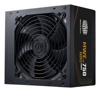 Schwarzes Computer-Netzteil mit großem Kühlventilator und Aufkleber mit der Aufschrift „MWE 750 BRONZE