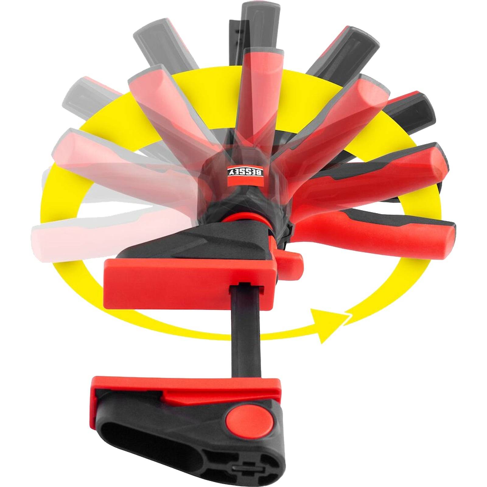 Rot und schwarz verstellbare Werkzeugklemme mit einem Drehvorrichtungsmechanismus, aus verschiedenen Blickwinkeln dargestellt, was ihre Flexibilität und Funktionalität veranschaulicht.