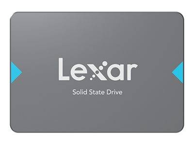 Das Bild zeigt eine Lexar Solid State Drive vor einem grauen Hintergrund, die das weiße Lexar-Logo und den Text „Solid State Drive