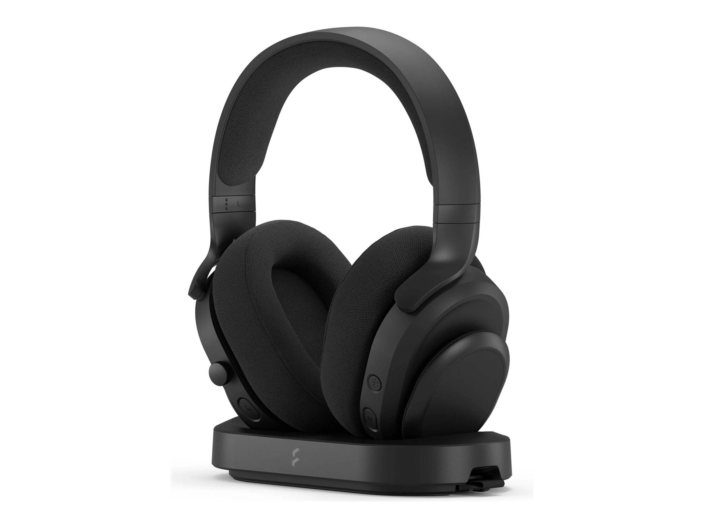 Schwarze Over-Ear-Kopfhörer auf einem Ladestativ, ausgestattet mit großen gepolsterten Ohrmuscheln und einem eleganten, modernen Design.