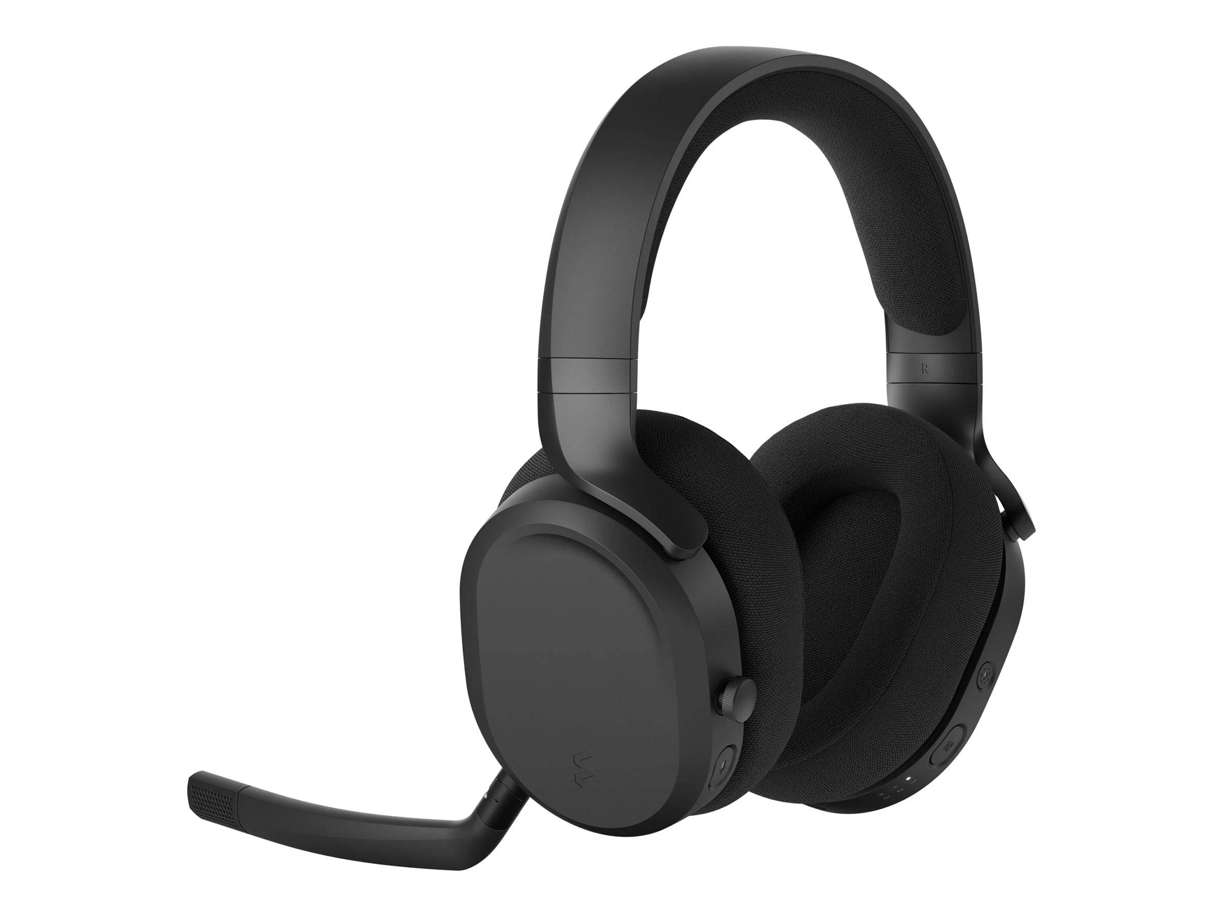 Schwarzer Over-Ear-Gaming-Headset mit angebrachtem Mikrofon, ausgestattet mit gepolsterten Ohrmuscheln und verstellbarem Kopfbügel. Bedienungstasten auf der Ohrmuschel.