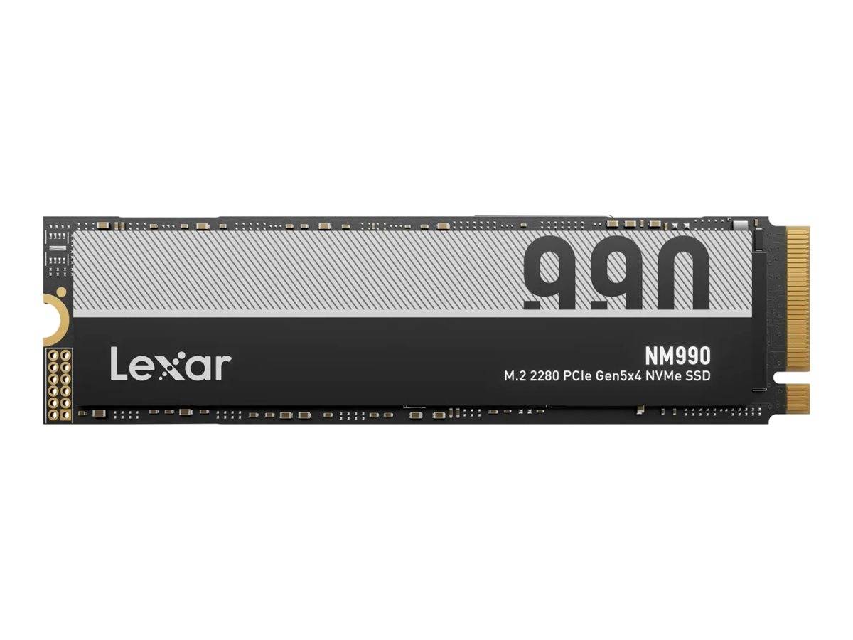 Lexar NM990 M.2 2280 PCIe Gen5x4 NVMe SSD-Laufwerk mit elegantem, modernem Design, überwiegend in Silber und Schwarz mit Markenbeschriftung.