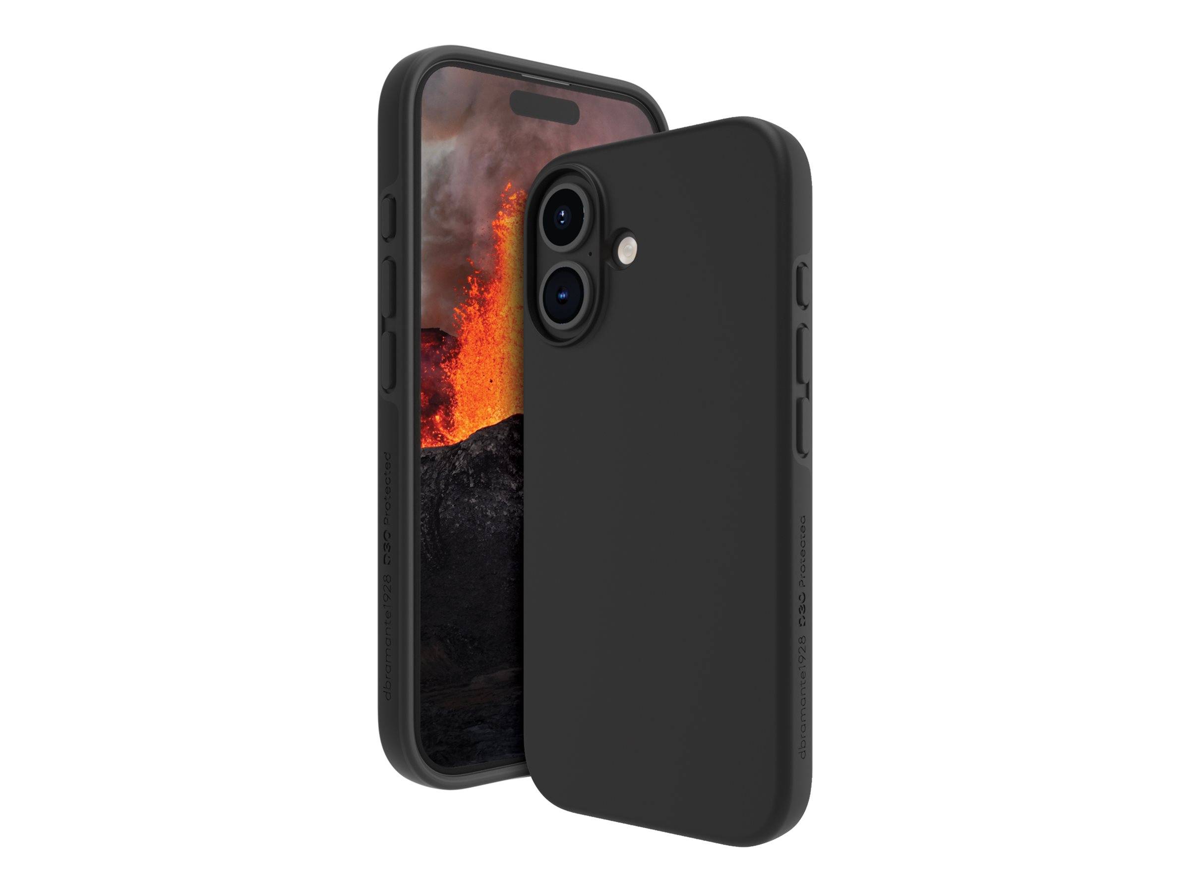 Ein Smartphone mit einer schwarzen Hülle zeigt ein lebendiges Bild eines Vulkanausbruchs, das helle orangefarbene Lava vor einem dunklen Hintergrund darstellt.