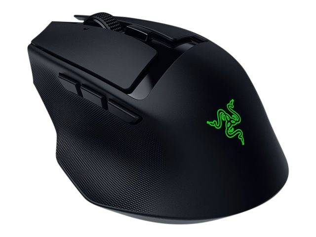 Schwarze Razer-Gamingmaus mit grünem Logo und strukturiertem Griff, auf weißem Hintergrund abgebildet.