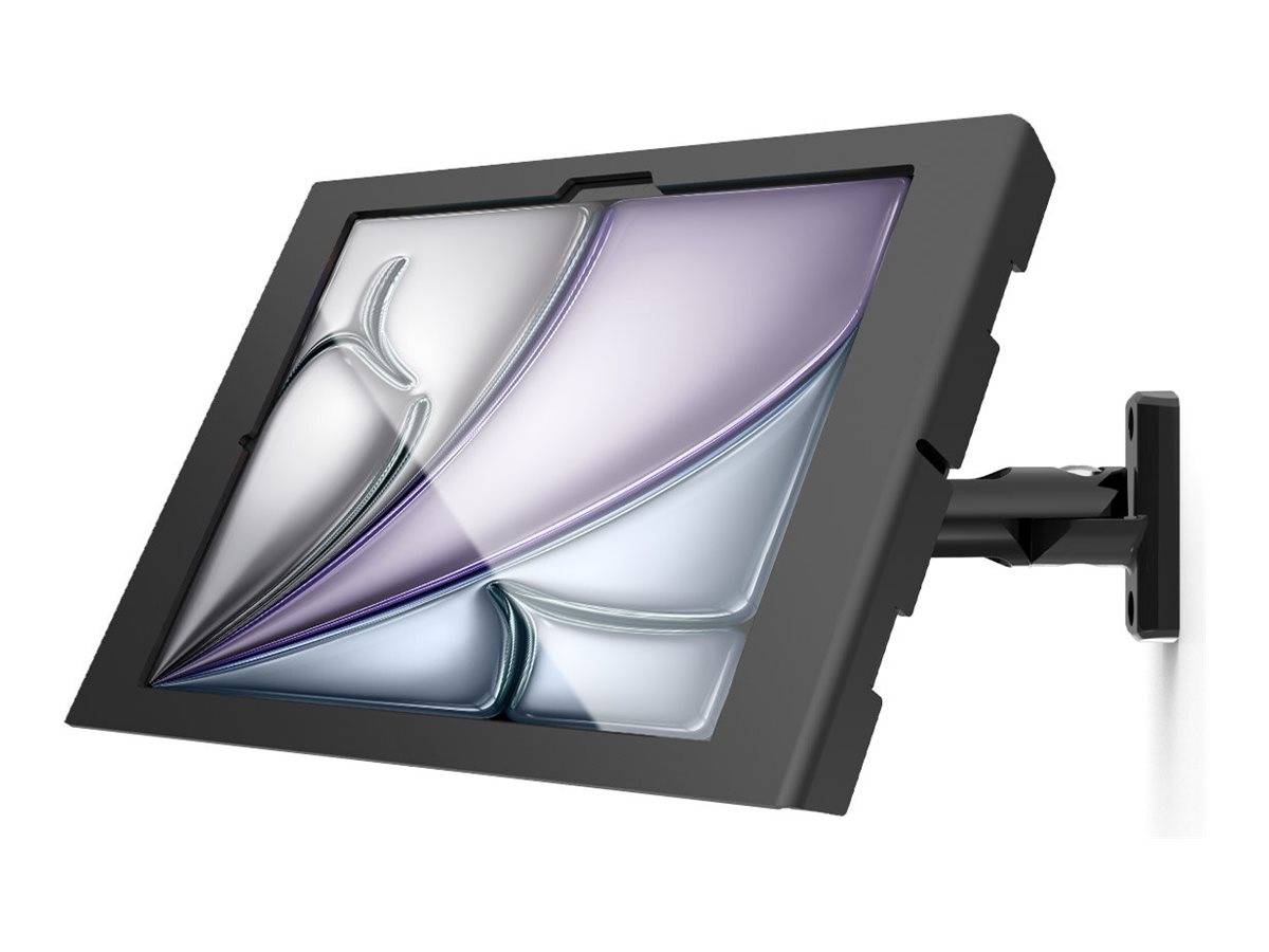 Ein schlankes, modernes Tablet mit minimalen Rahmen, das ein abstraktes, farbenfrohes Design auf dem Bildschirm zeigt und von einem verstellbaren Ständer gestützt wird.