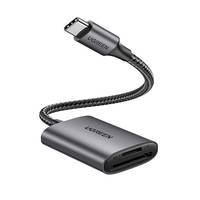 Kompakter USB-C zu SD-Kartenleser, elegantes graues Design, aufgewickeltes Kabel. Kompatibel mit verschiedenen Geräten für effiziente Datenübertragung.