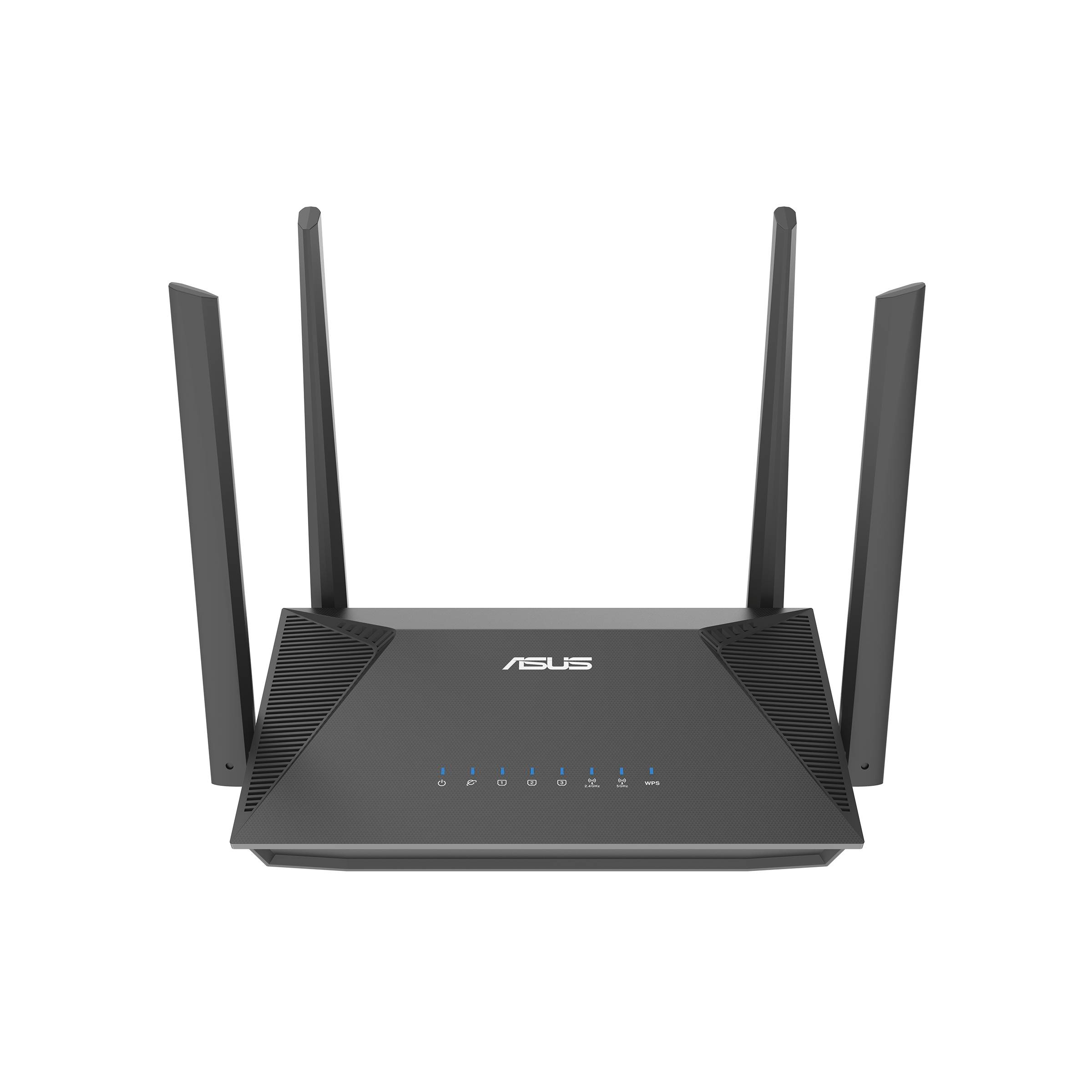 ASUS Wi-Fi-Router mit vier externen Antennen und vorderen Statusleuchten auf schwarzem Hintergrund.