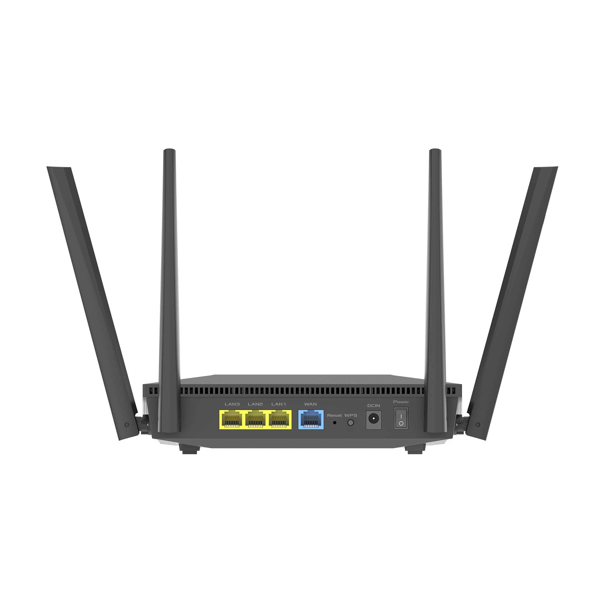 Vorderansicht eines schwarzen WLAN-Routers mit vier Antennen, vier Ethernet-Anschlüssen sowie Ein-/Aus- und Zurücksetzen-Tasten auf neutralem Hintergrund.