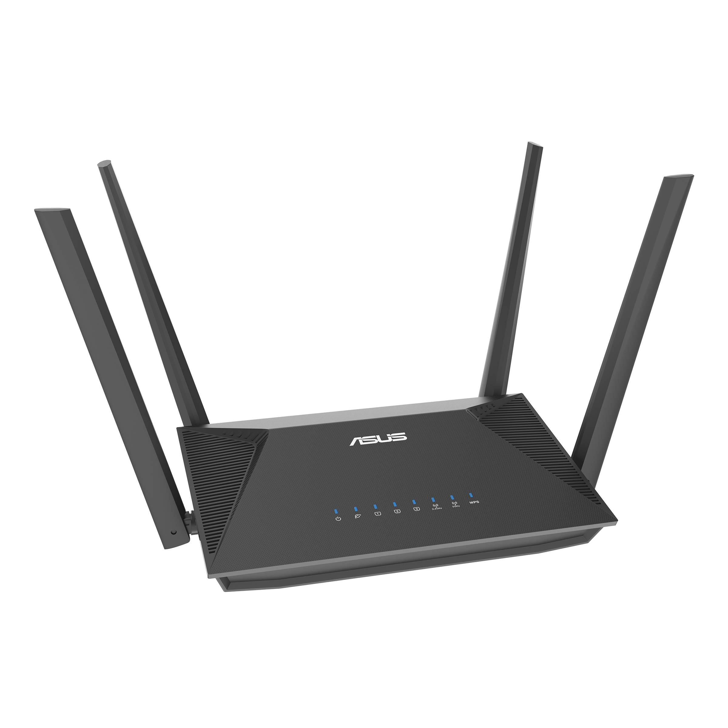 Schwarzer ASUS Wi-Fi-Router mit vier Antennen und vorderen Statusleuchten auf schwarzem Hintergrund.