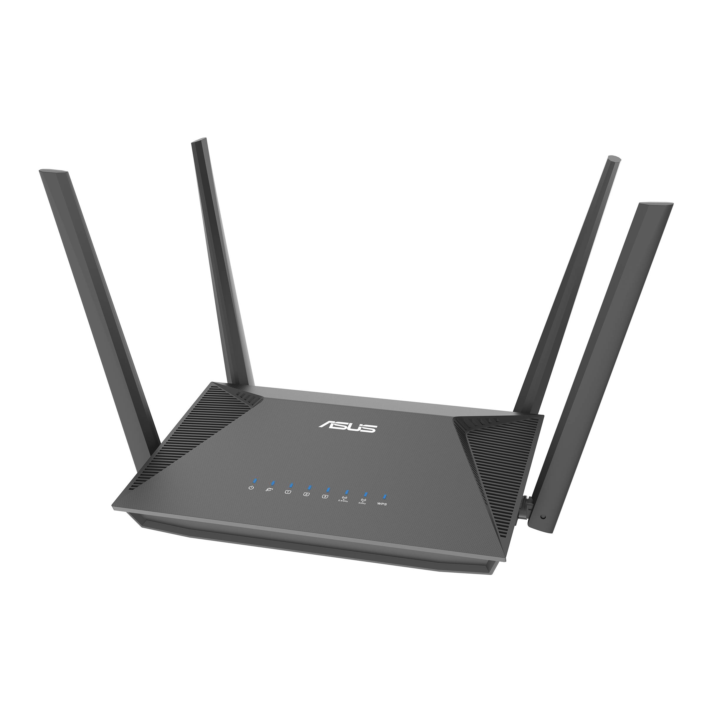 ASUS Wireless-Router mit vier aufrechten Antennen und vorderen Statusleuchten, abgebildet auf schwarzem Hintergrund.