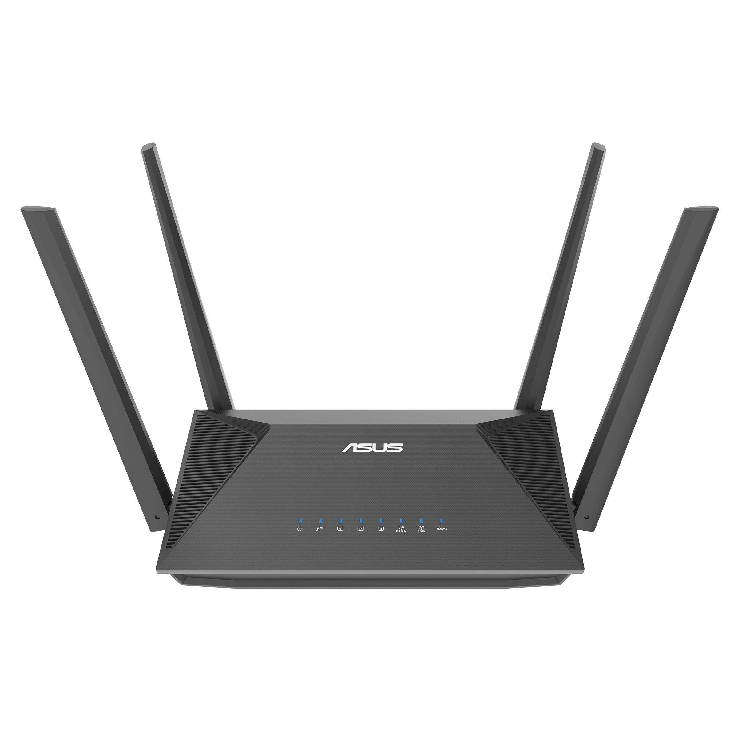 Schwarzer ASUS-WLAN-Router mit vier aufrechten Antennen und vorderen Statusleuchten, isoliert auf schwarzem Hintergrund dargestellt.