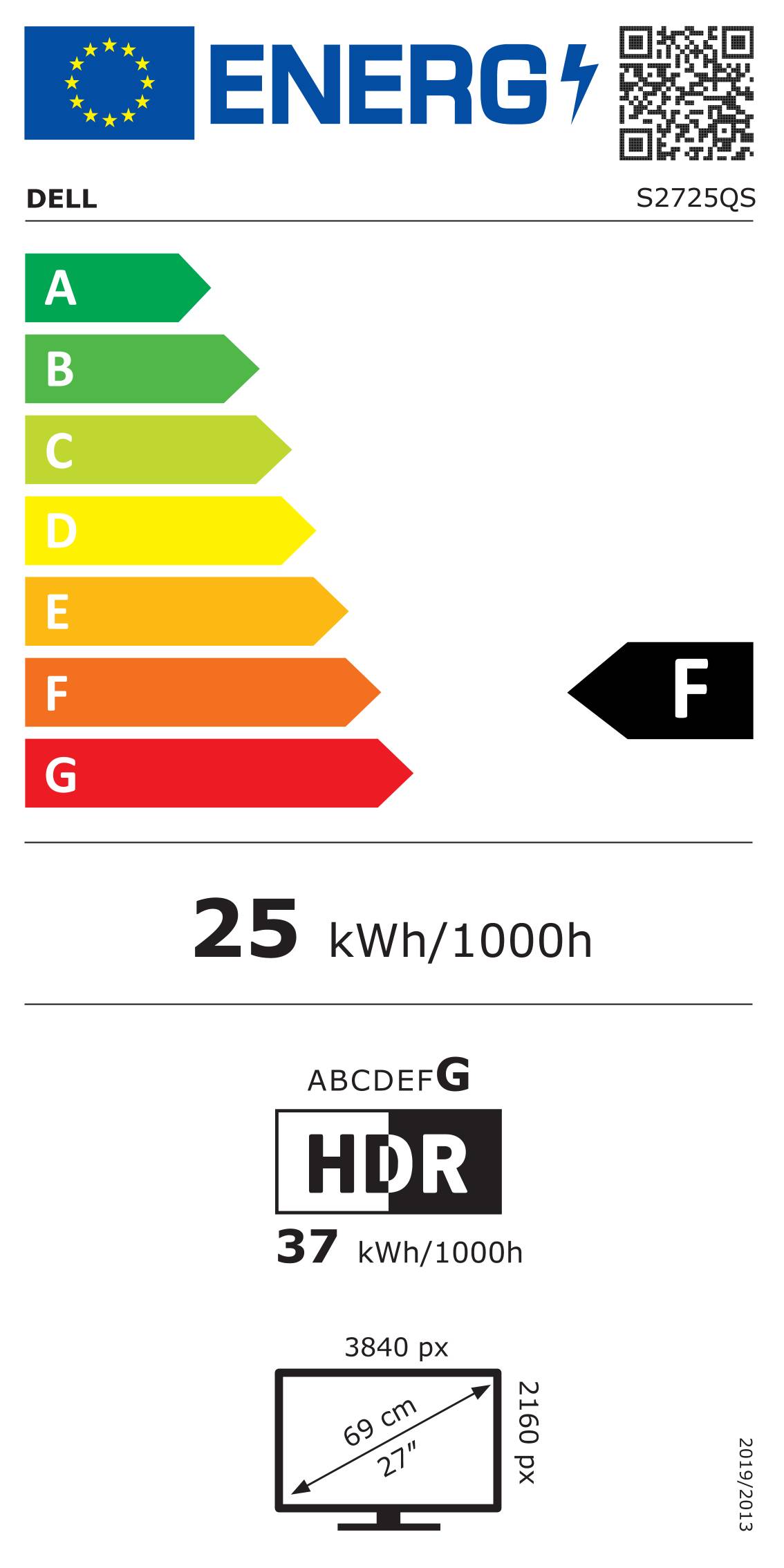 Energieeffizienzlabel mit der Bewertung ‚F', mit farbigen Balken von A (grün) bis G (rot). Text zeigt 25 kWh/1000h.