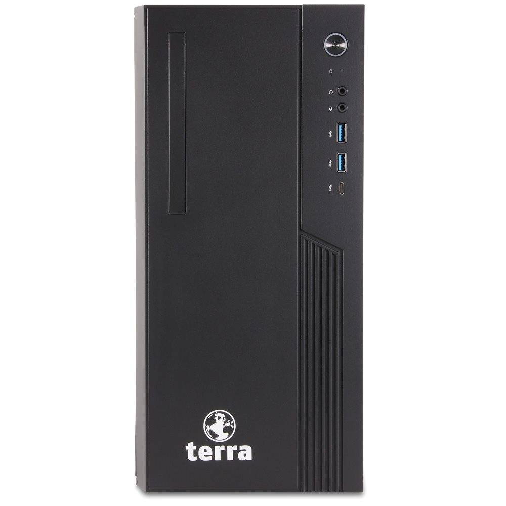 Gehäuse eines Terra-Computers in Schwarz mit minimalistischem Frontpanel, ausgestattet mit Einschaltknopf, USB-Anschlüssen und Markenlogogravur am unteren Rand.