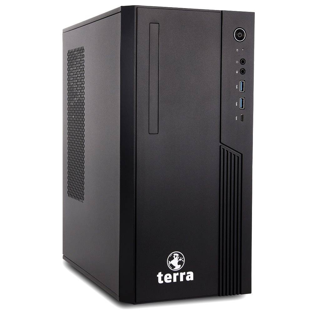 Ein schwarzer Computer-Tower mit einem Powerknopf, USB-Anschlüssen und dem Logo 'terra' auf der Frontplatte.