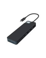 Schwarzer USB-C-Hub mit angebrachtem Kabel und mehreren seitlichen Anschlüssen auf einem einfachen weißen Hintergrund.