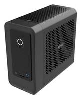 Schwarzer kompakter Desktop-PC-Turm mit perforierten Seitenpaneelen, vorderer Einschalttaste und USB-Anschlüssen.