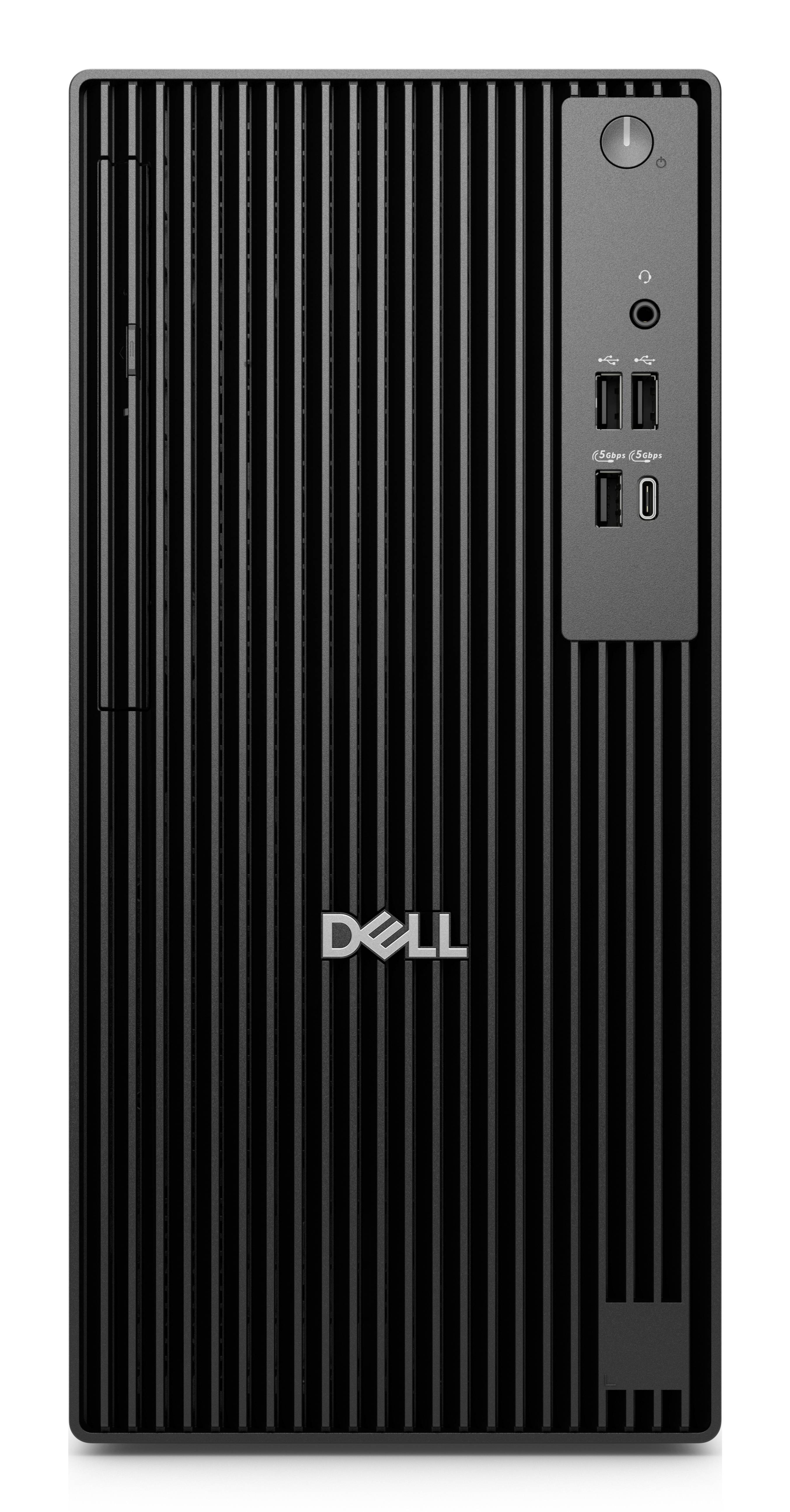 Dell-Desktop-Computer von vorne, mit vertikalen Linien, einem Powerknopf, mehreren USB-Anschlüssen und dem Dell-Logo.