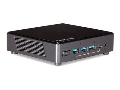 Ein kompakter Desktop-Computer mit elegantem schwarzem Design, mit mehreren USB-Anschlüssen auf der Vorderseite und Lüftungsschlitzen auf der Seite.